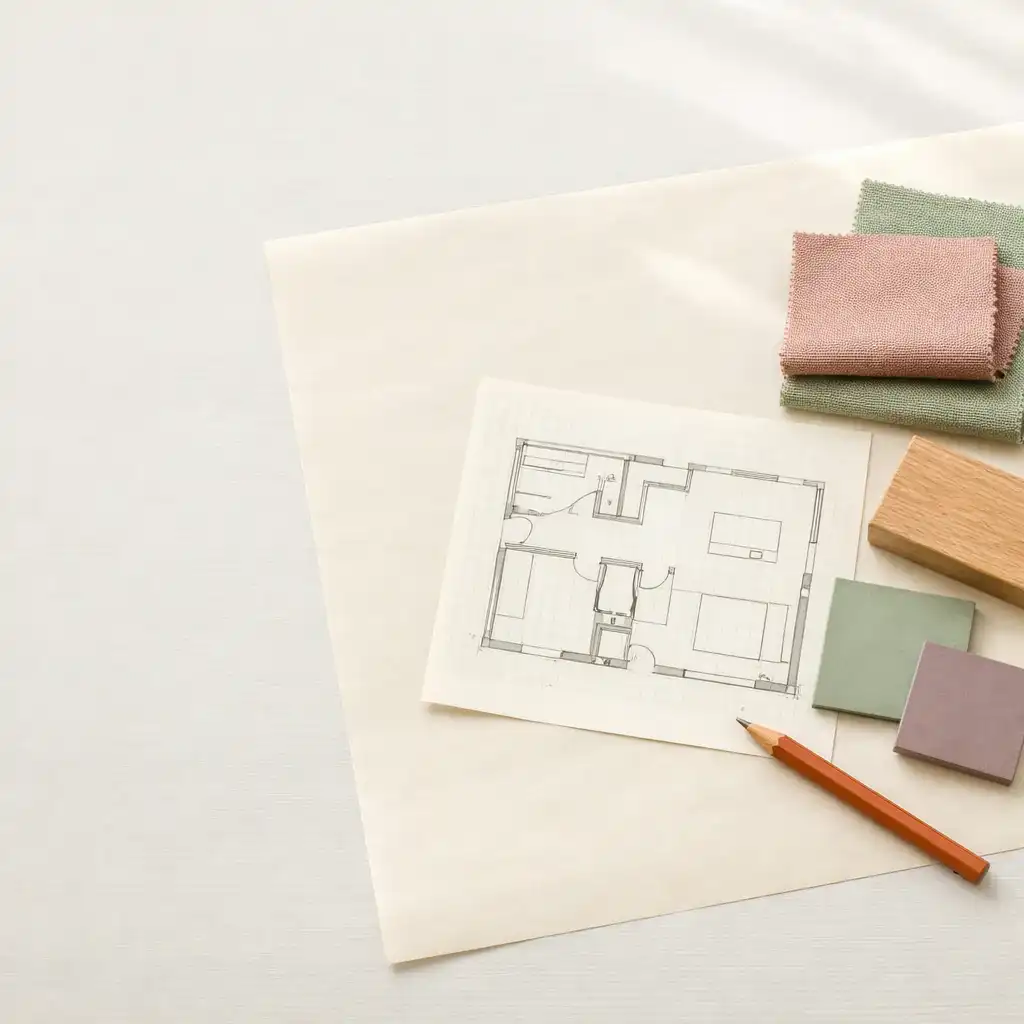 Bright renovation studio worktable with drafting paper, pastel material swatches, wood sample, and terracotta pencil.