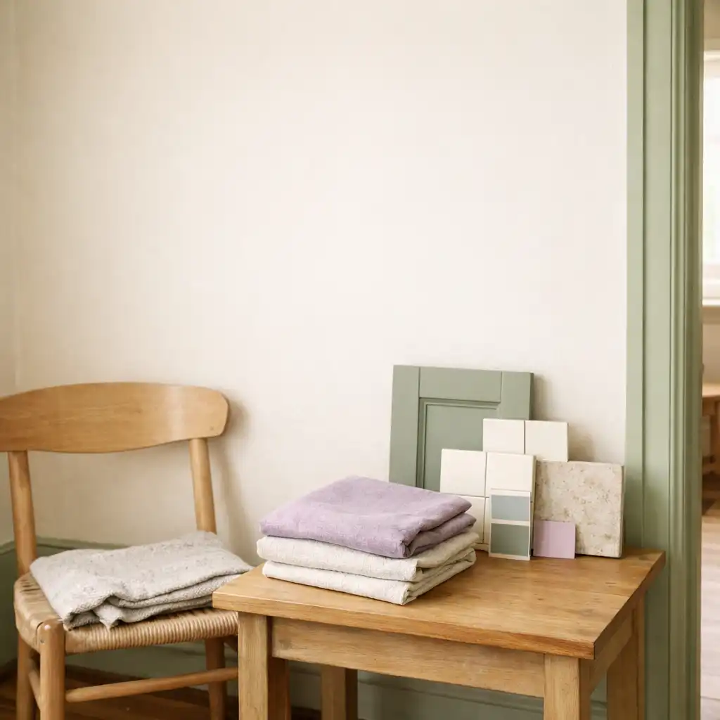 Sunlit heritage-style room detail with cream wall, sage trim, warm wood floor, chair, linen, and renovation samples.