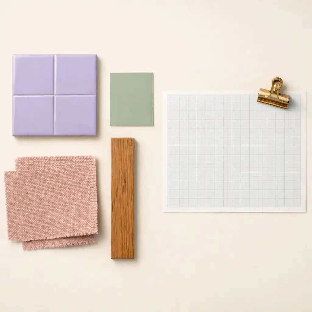 Interior-design material board with lavender tile, sage paint chip, dusty pink fabric, warm wood, and blank blueprint paper.