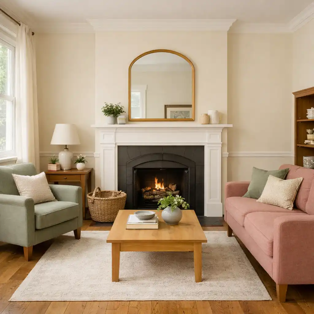 Editorial study of the same heritage interior after renovation with repaired floor and warm furnishings