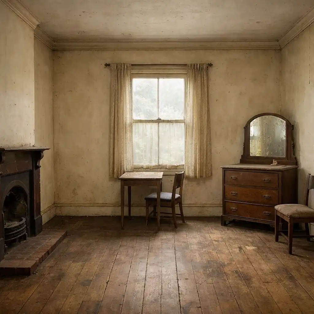 Editorial study of a heritage interior before renovation with worn floor and faded walls