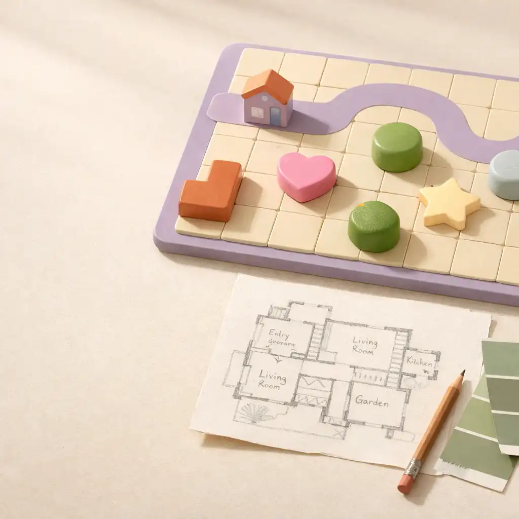 Pastel renovation planning table with generic puzzle tiles, floor-plan paper, paint swatches, and a pencil.