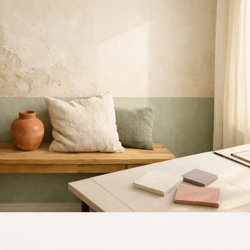 Editorial moodboard interior with a sunlit cream and sage room, wooden console, and material samples on a drafting table