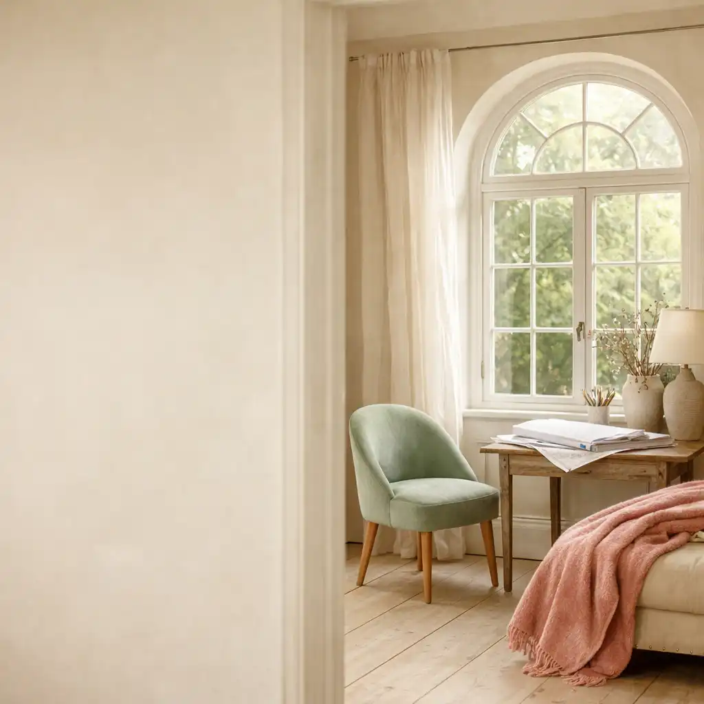 Editorial photograph of a bright renewed sitting room with an arched window, sage chair, and renovation plans