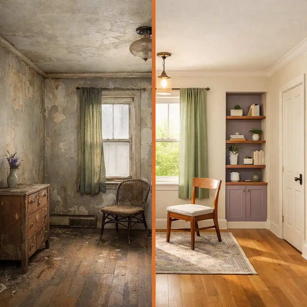 Editorial interior-renovation diptych showing a worn room on the left and a refreshed furnished room on the right.