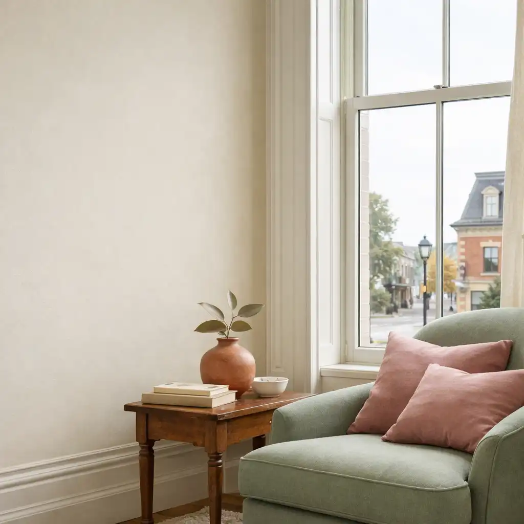 Bright restored sitting room with cream walls, a sage chair, soft pastel cushions, and a tall architectural window.
