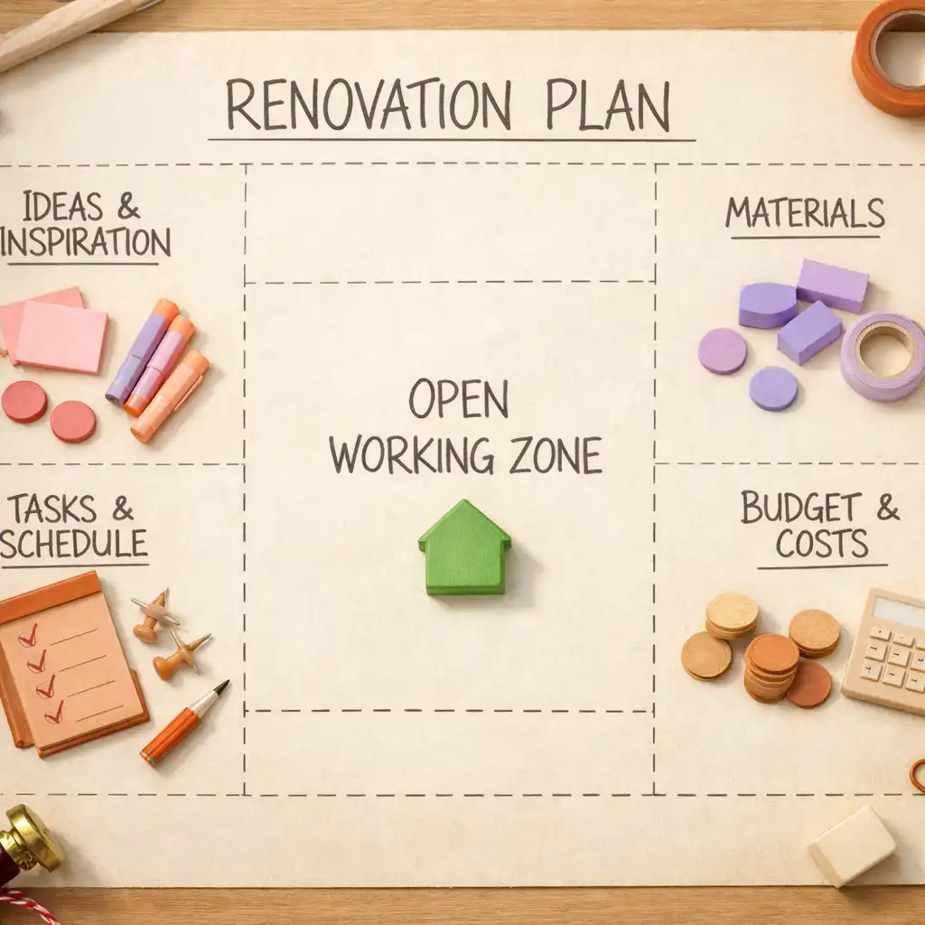 Conceptual top-down paper plan with grouped pastel tokens, an open working zone, and dashed planning boundaries.