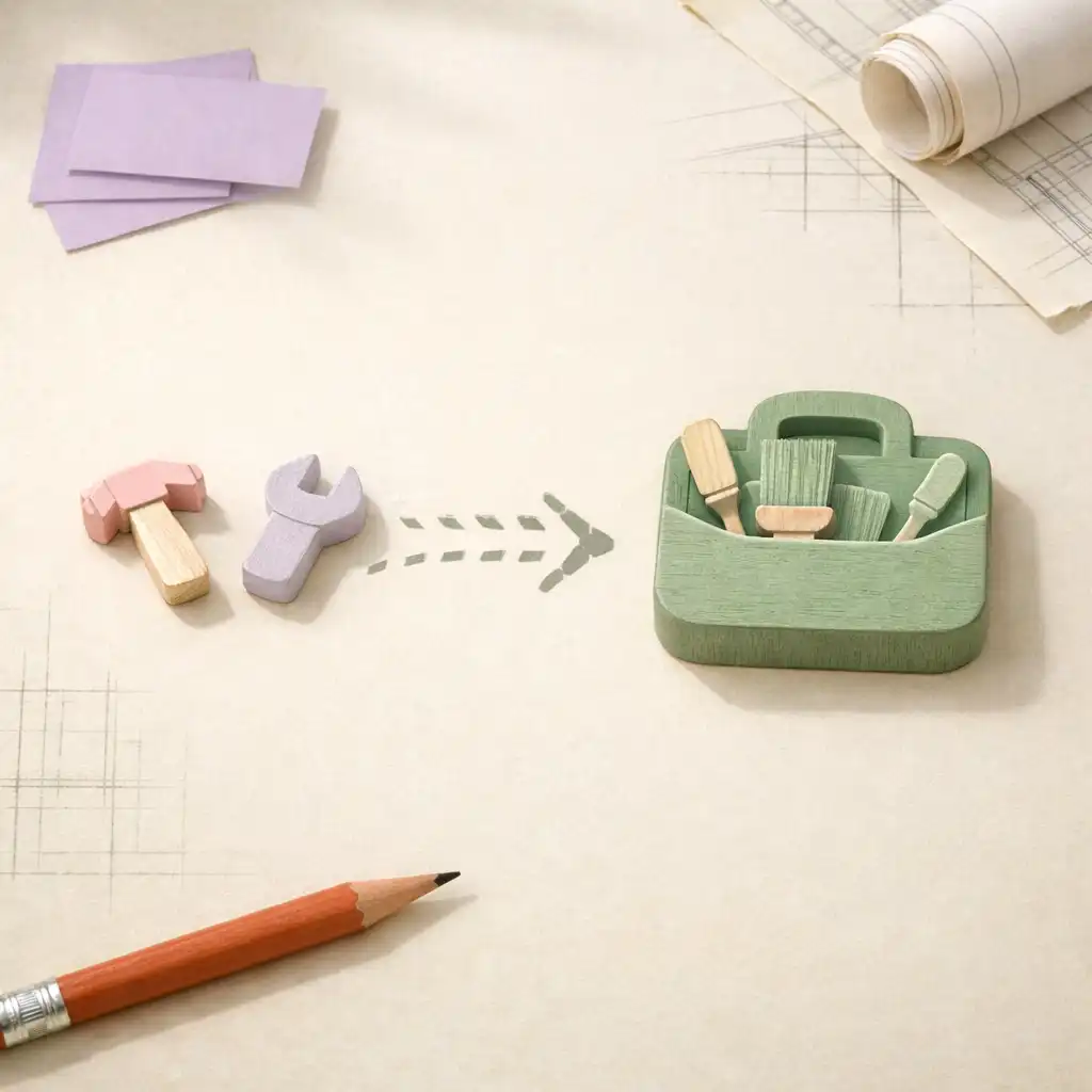 Conceptual worktable with two matching pastel tokens leading toward one larger sage useful-object token.