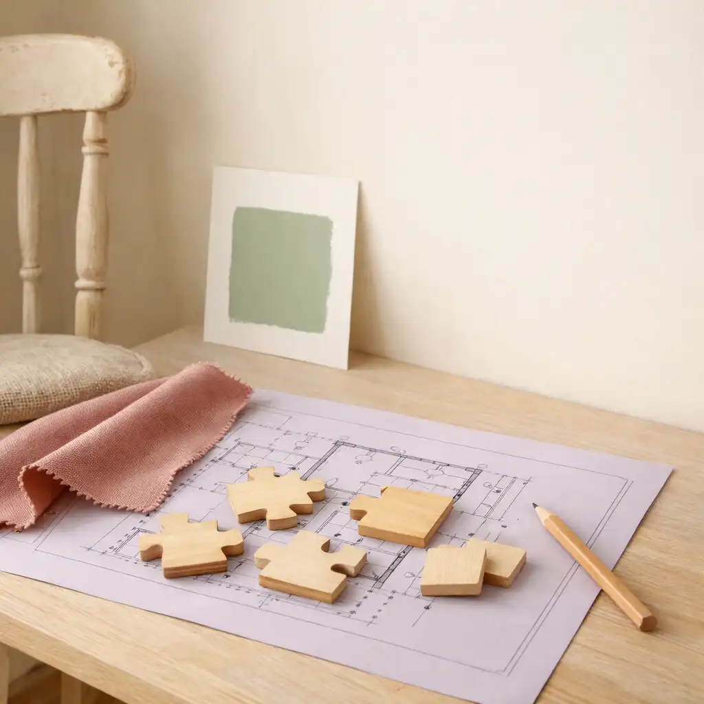 Bright renovation-studio corner with a restored chair, pastel wall samples, a plan sheet, and simple wooden tokens on a worktable.