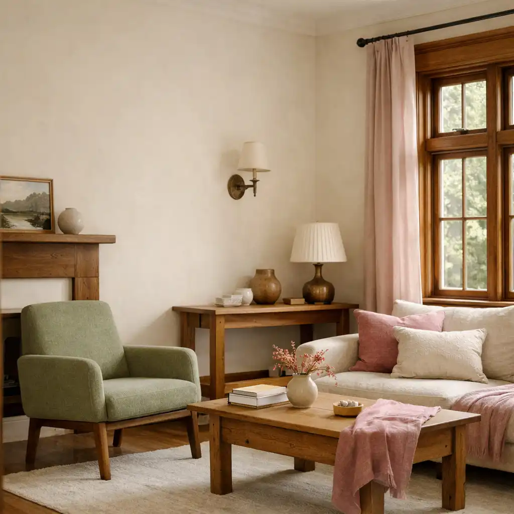 Bright renovated sitting room with cream walls, sage seating, oak details, and soft daylight