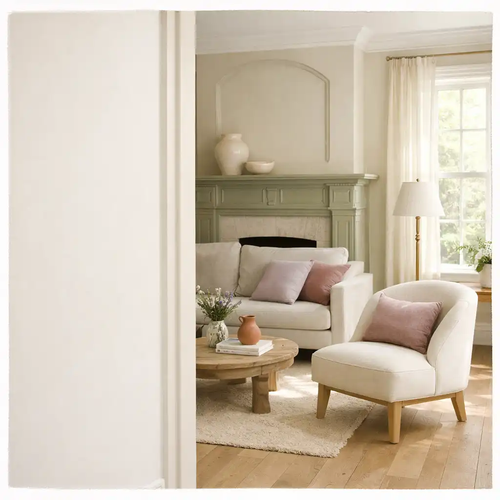 Softly renovated sitting room with cream seating, pale wood flooring, sage detail, and warm terracotta accents.
