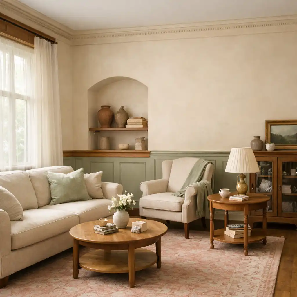 Bright restored heritage-style lounge with sage walls, a dusty-pink rug, natural wood trim, and soft afternoon light.