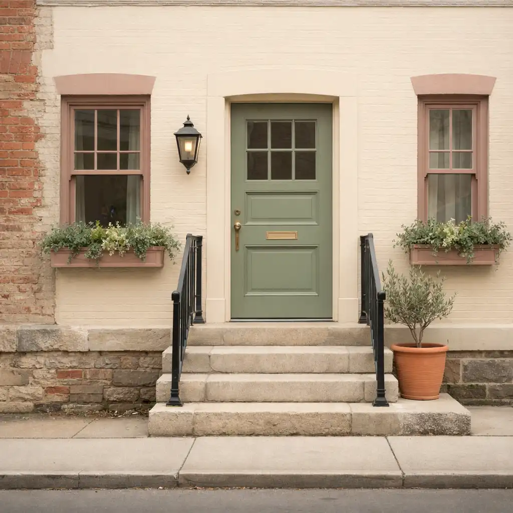 Editorial photograph of a restored townhouse entry, used as thematic city-renovation imagery rather than gameplay evidence.