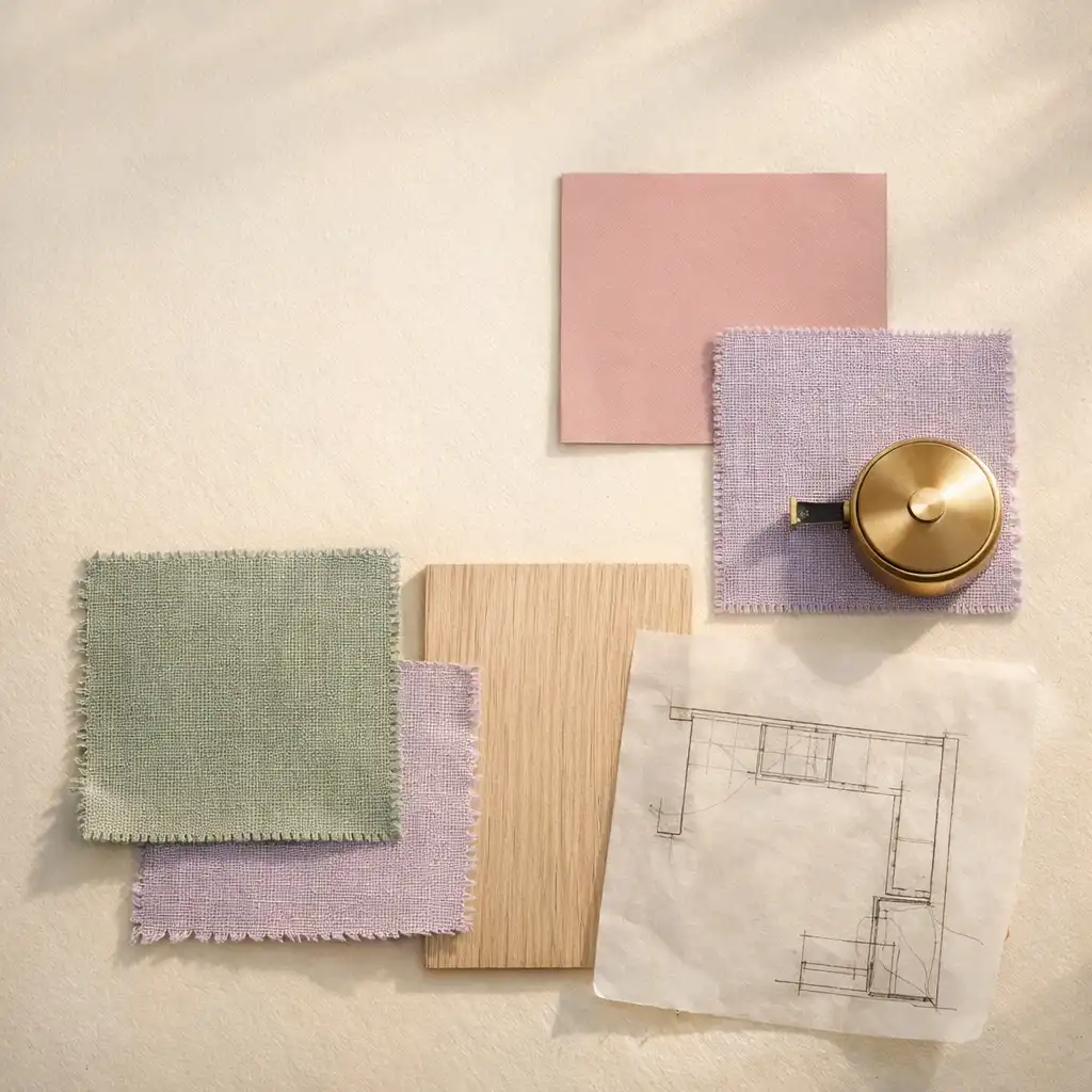 Editorial top-down material board with sage, dusty-pink, and lavender samples, used as thematic design imagery rather than gameplay evidence.